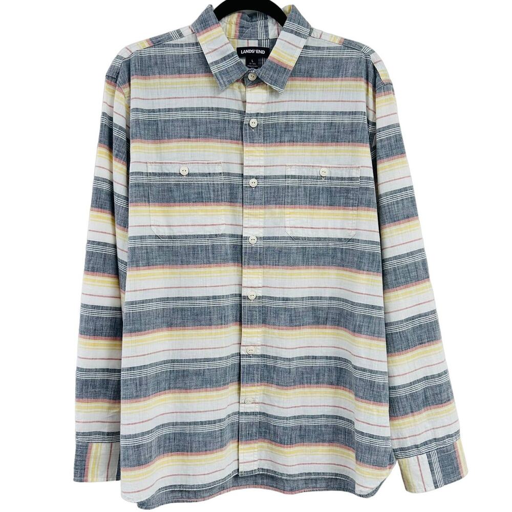 Lands' End Mens Multicolor Striped Traditional Fit Button Down Shirt Large